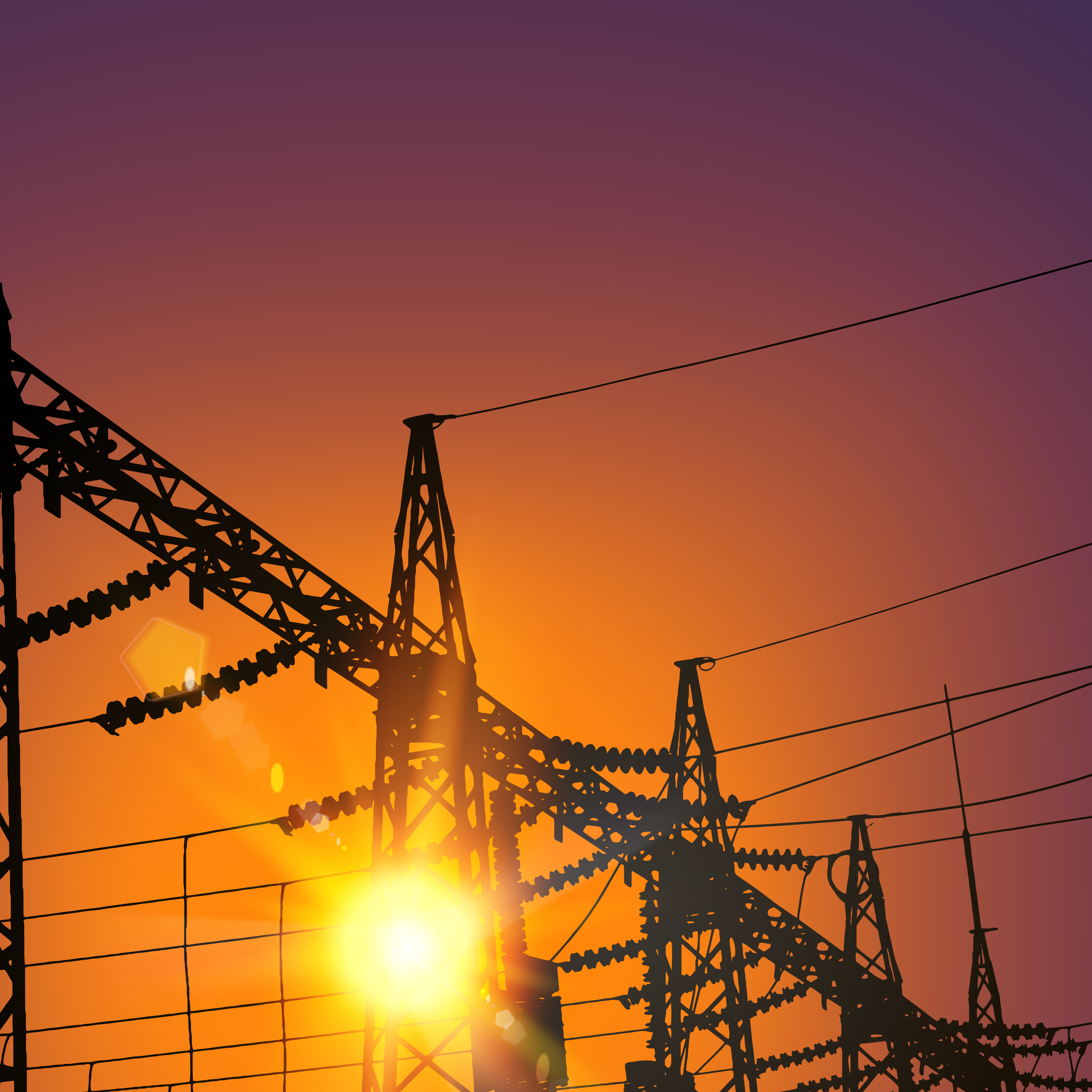 Electrical Transmission Line of High Voltage Over Sunset. Vector Illustration.